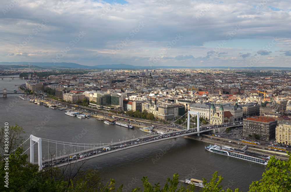 dapest city landscape from Gellert Hill and Elisabeth Bridge over the Danube river, Budapest, Hungary