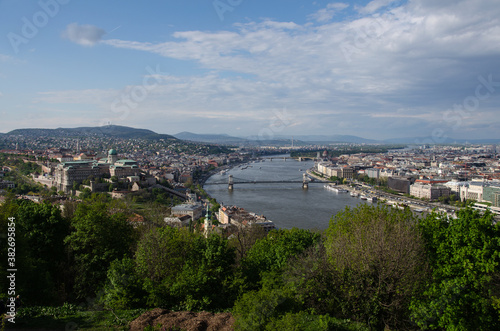 Budapest city landscape crossed by Danube river from Gellert Hill on a cloudy day, Budapest, Hungary