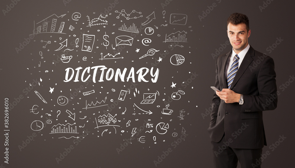 Businessman thinking with DICTIONARY inscription, business education concept Businessman thinking with DICTIONARY inscription, business education concept