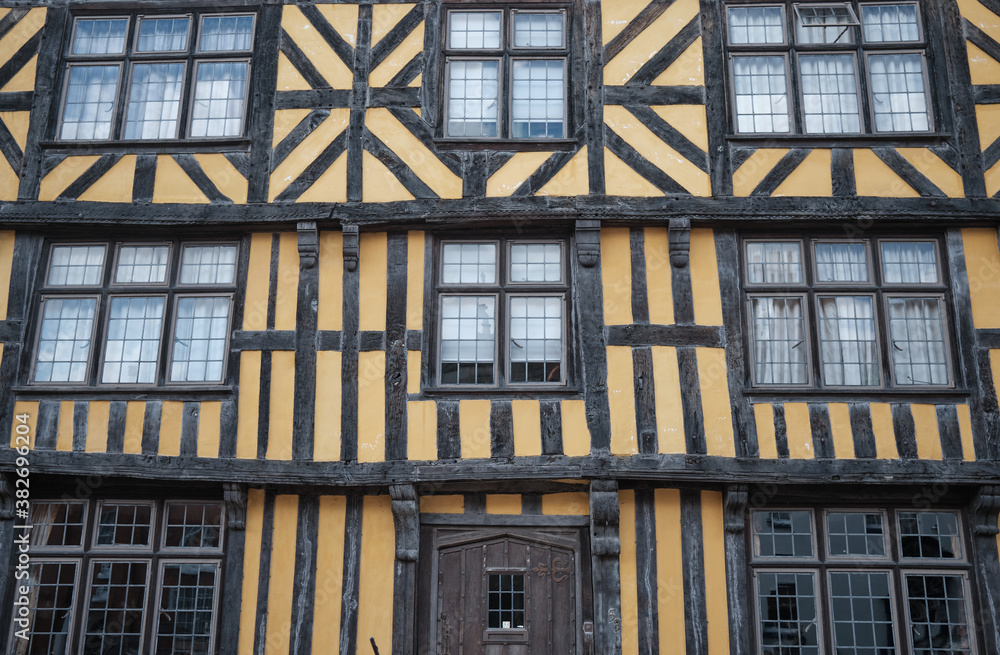 detail of a timber-framed building in Ludlow, Shropshire, UK