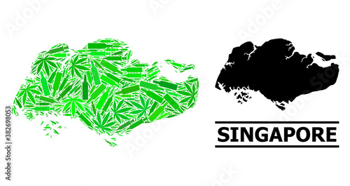 Drugs mosaic and solid map of Singapore. Vector map of Singapore is organized with scattered inoculation icons, addict and wine bottles. Abstract territory plan in green colors for map of Singapore.