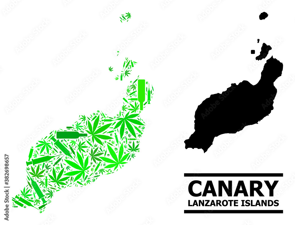 Drugs mosaic and solid map of Lanzarote Islands. Vector map of Lanzarote Islands is designed from randomized vaccine symbols, weed and alcoholic bottles.