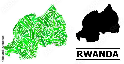 Drugs mosaic and usual map of Rwanda. Vector map of Rwanda is done of randomized injection needles, dope and alcoholic bottles. Abstract territorial plan in green colors for map of Rwanda.
