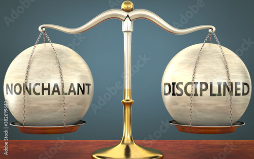 Obraz na płótnie nonchalant and disciplined staying in balance - pictured as a metal scale with w
