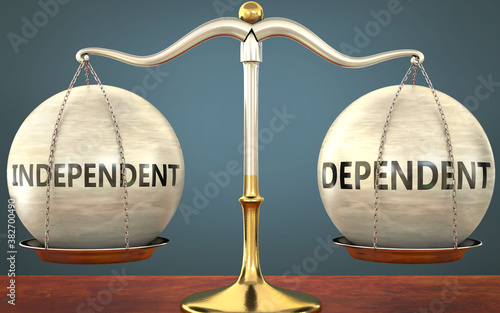 independent and dependent staying in balance - pictured as a metal scale with weights and labels independent and dependent to symbolize balance and symmetry of those concepts, 3d illustration photo