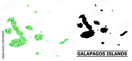 Addiction mosaic and solid map of Galapagos Islands. Vector map of Galapagos Islands is organized from scattered inoculation icons, cannabis leaves and alcoholic bottles.