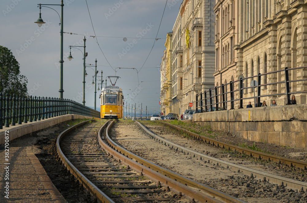 Yellow retro tram in Budapest, Hungary