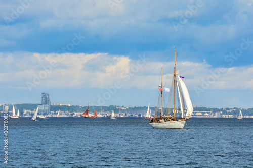 Sailing ships in the Bay of Gdansk, the Baltic Sea. A beautiful landscape