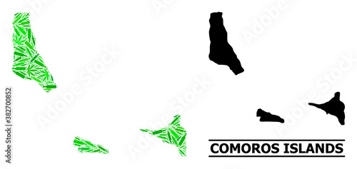 Drugs mosaic and usual map of Comoros Islands. Vector map of Comoros Islands is done with random inoculation icons, narcotic and alcoholic bottles.