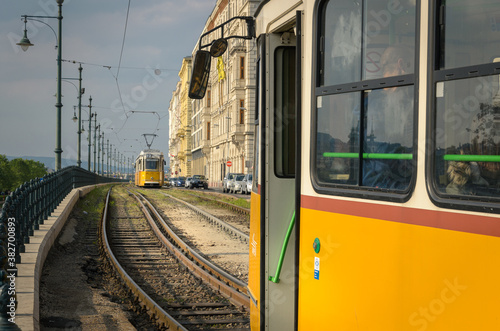 Yellow retro tram in Budapest, Hungary