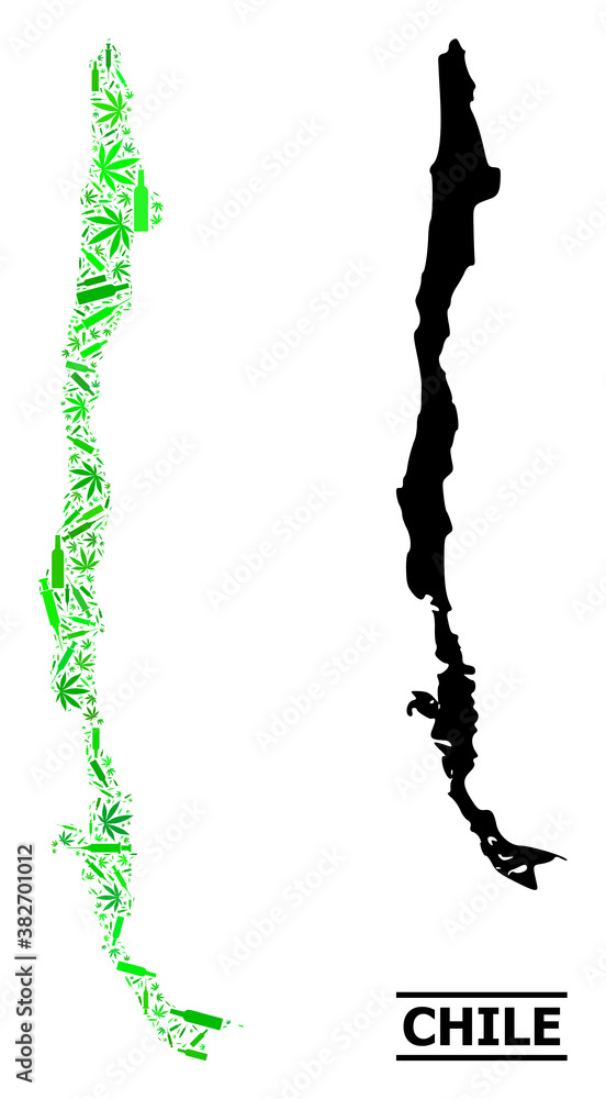 Drugs mosaic and solid map of Chile. Vector map of Chile is done with randomized vaccine symbols, herbal and drink bottles. Abstract territorial scheme in green colors for map of Chile. Drugs mosaic and solid map of Chile. Vector map of Chile is done with randomized vaccine symbols, herbal and drink bottles. Abstract territorial scheme in green colors for map of Chile.