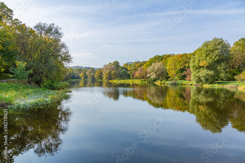 Colorful tree branches with bright foliage in golden autumn season