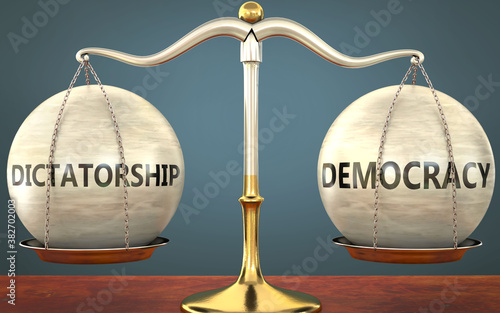 dictatorship and democracy staying in balance - pictured as a metal scale with weights and labels dictatorship and democracy to symbolize balance and symmetry of those concepts, 3d illustration photo