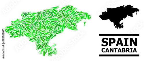 Addiction mosaic and usual map of Cantabria Province. Vector map of Cantabria Province is organized with randomized vaccine symbols, weed and alcoholic bottles.