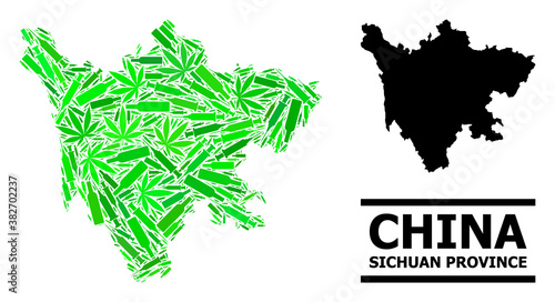Addiction mosaic and usual map of Sichuan Province. Vector map of Sichuan Province is organized with scattered inoculation icons, addict and drink bottles.