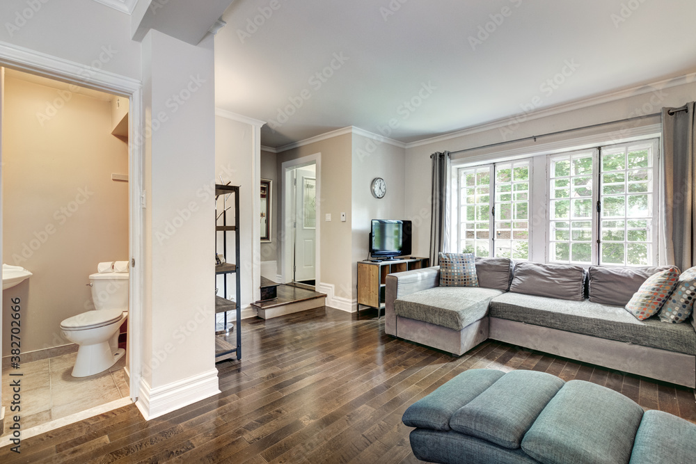 Fototapeta premium Beautiful renovated townhouse in a row with bathroom, bedrooms, new kitchen, new floors, all white painted, finished basement