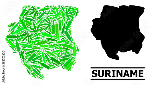 Drugs mosaic and usual map of Suriname. Vector map of Suriname is done from randomized syringes, addict and alcohol bottles. Abstract territory plan in green colors for map of Suriname.