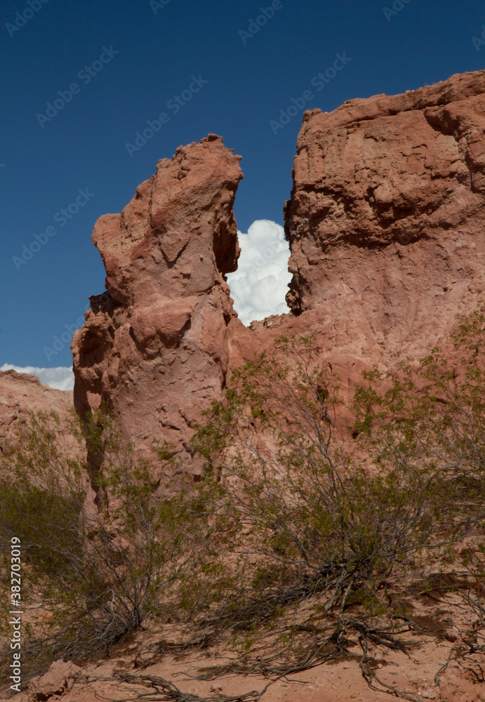 Red rock formation in the desert. View of the arid sandstone, desert shrubs and blue sky. 