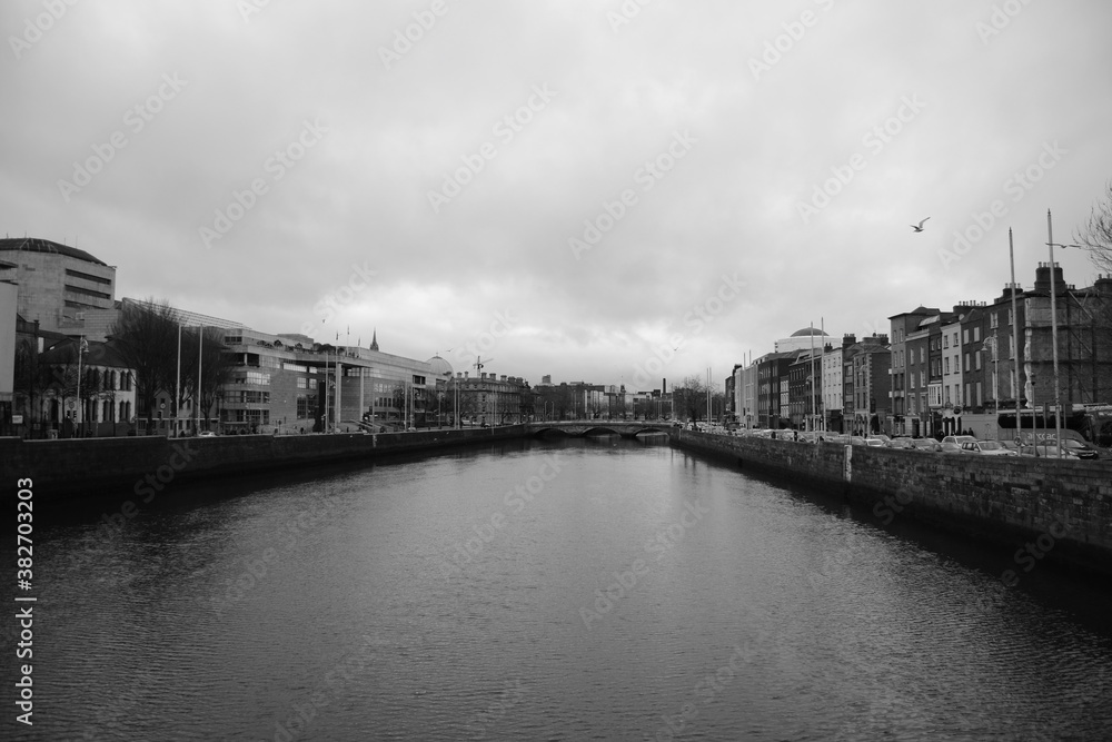 Dublin river landscape in black and white