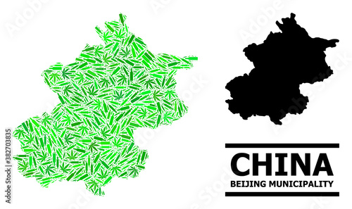 Addiction mosaic and solid map of Beijing Municipality. Vector map of Beijing Municipality is done with randomized vaccine doses, dope and wine bottles.