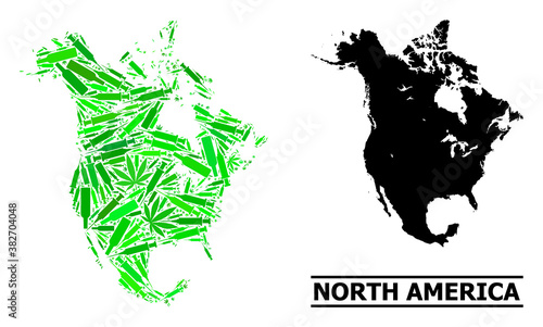 Drugs mosaic and solid map of North America. Vector map of North America is made with random vaccine symbols, cannabis leaves and alcoholic bottles.