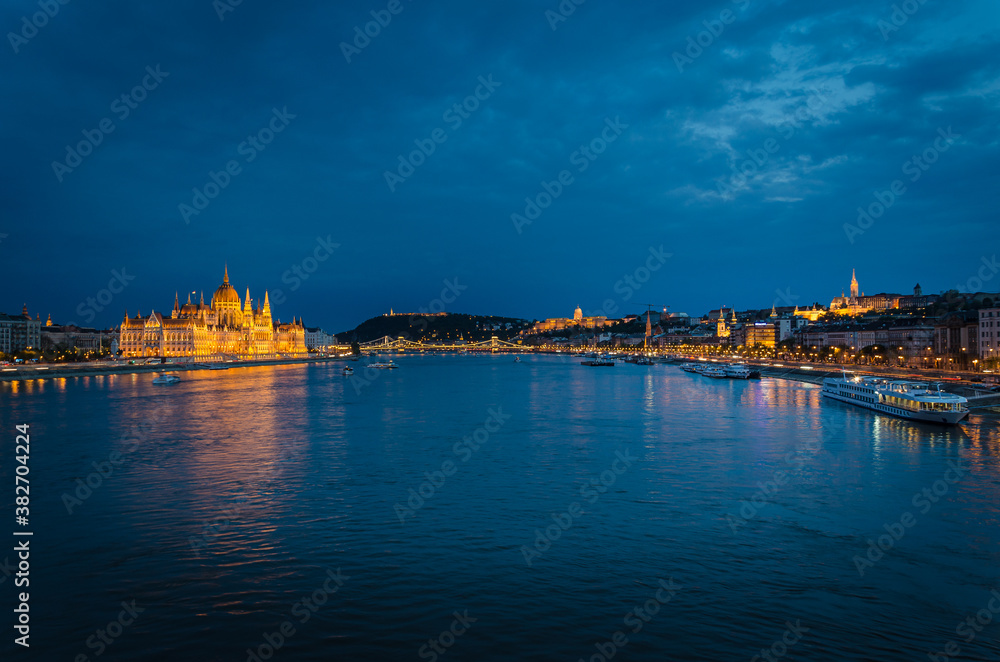 Budapest city skyline with the Hungarian Parliament and Danube River at night, Budapest, Hungary
