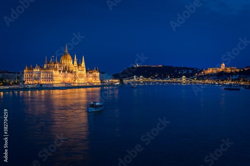 Hungarian Parliament and Danube River at night, Budapest, Hungary