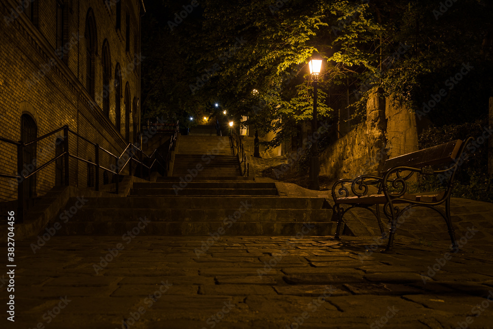 Street on the historical Buda part of Budapest at night, Hungary