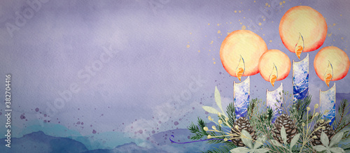 Advent Wreath with Candles. Watercolor christian background.