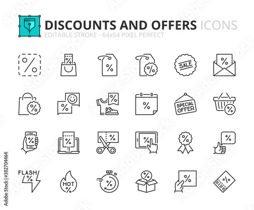 Simple set of outline icons about discounts and offers. Shopping