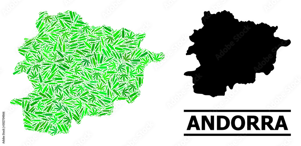 Fototapeta premium Addiction mosaic and usual map of Andorra. Vector map of Andorra is designed from randomized syringes, herb and alcoholic bottles. Abstract territorial scheme in green colors for map of Andorra.