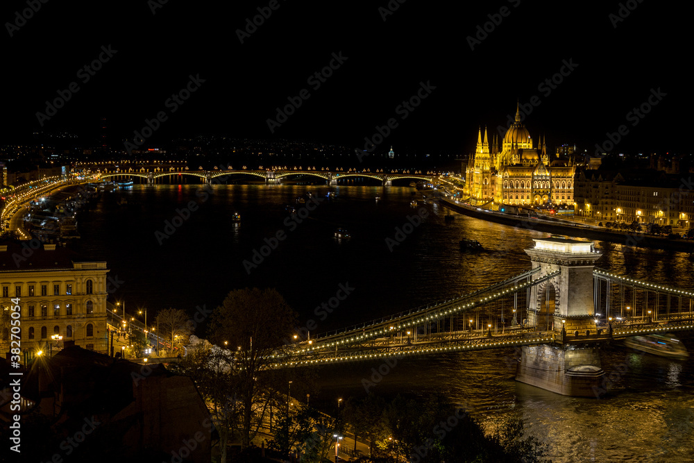 Budapest city landscape with the Chain bridge over the Danube river and the Parliament building at night, Budapest, Hungary