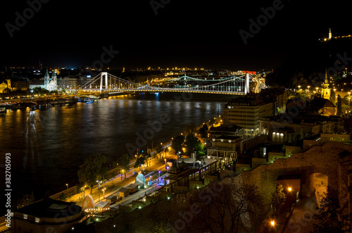 Budapest city landscape and Elisabeth Bridge over the Danube river from Buda Castle at night  Hungary