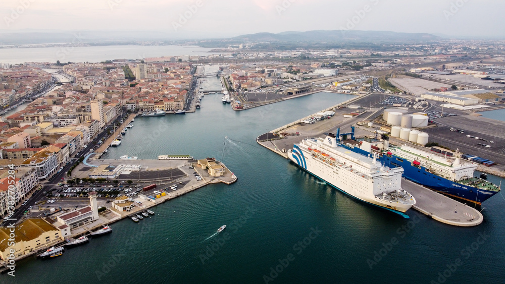 Aerial view of the industrial harbor of Sete in the South of France - Passenger ferry to Morocco