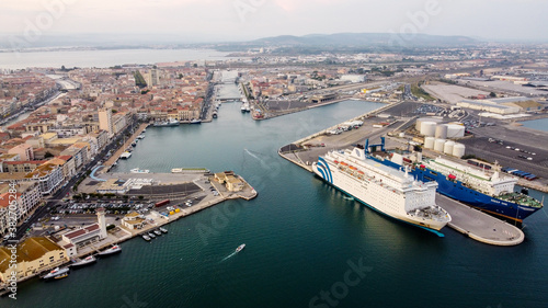 Aerial view of the industrial harbor of Sete in the South of France - Passenger ferry to Morocco