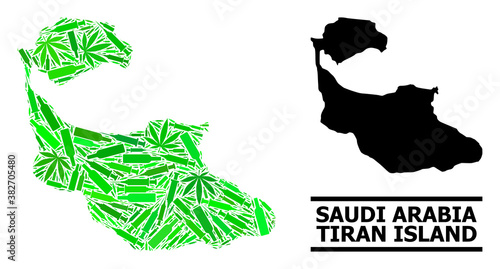 Drugs mosaic and usual map of Tiran Island. Vector map of Tiran Island is constructed of random vaccine symbols, herb and alcohol bottles.