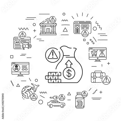Scam web banner. A fraudulent scheme performed by a dishonest individual. Infographics with linear icons on white background. Creative idea concept.