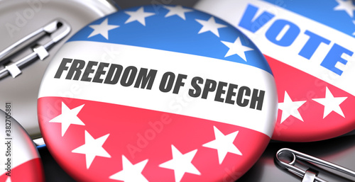 Freedom of speech and elections in the USA, pictured as pin-back buttons with American flag, to symbolize that Freedom of speech can be an important  part of election, 3d illustration photo