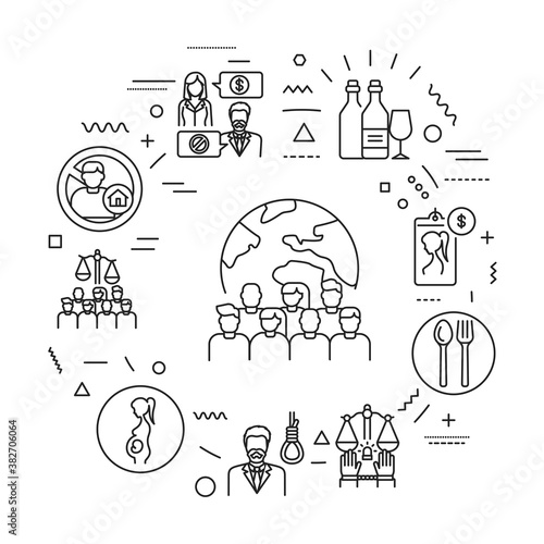 Social problems web banner. Infographics with linear icons on white background. Creative idea concept. Isolated outline black illustration.