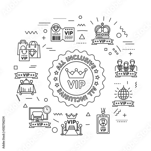 Vip service web banner. Infographics with linear icons on white background. Creative idea concept. Isolated outline black illustration