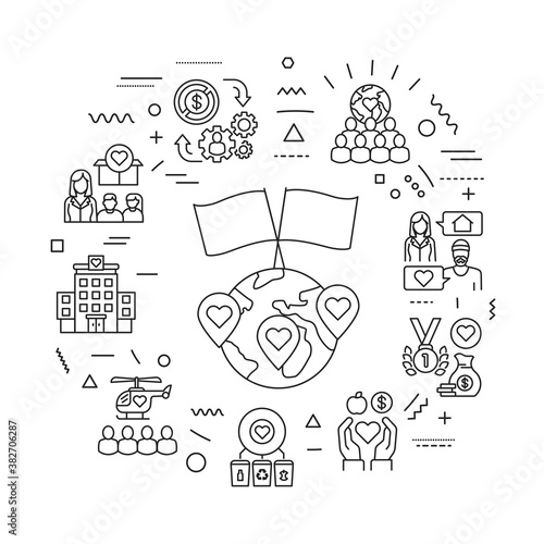Volunteering web banner. Non profit community. Humanitarian aid. Infographics with linear icons on blue background. Creative idea concept. Isolated outline black illustration