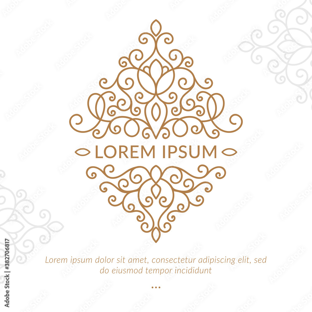 Linear golden frame with vector ornament. Elegant, classic elements. Can be used for jewelry, beauty and fashion industry. Great for logo, emblem, background or any desired idea.