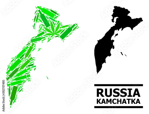 Addiction mosaic and solid map of Kamchatka Peninsula. Vector map of Kamchatka Peninsula is composed of random injection needles, herbal and alcoholic bottles.