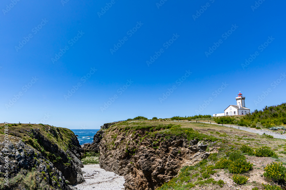 Lighthouse of Pointe des Poulains, western coast of Belle-Ile-en-Mer, Brittany, France
