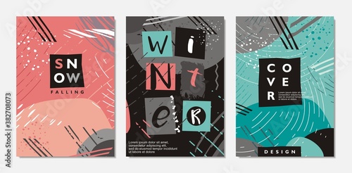 Abstract winter backgrounds . Creative cover templates with snow falling and different geometric shapes. Memphis style vector patterns.