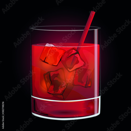 Negroni cocktail vector illustration with hand drawn ice cubes, tube in a glass. Beautiful cocktail drink for bar menu, posters, flyers, advertisement, recipe book. Whiskey with ice cocktail design