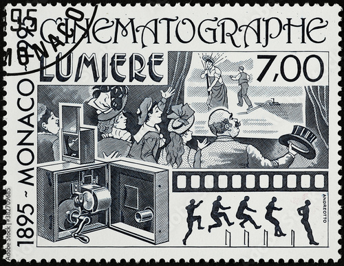 Fototapeta Cinematograph of Lumiere brothers on postage stamp