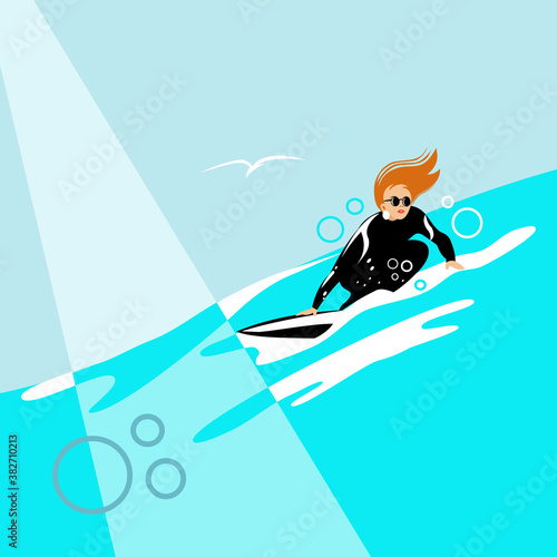 A girl surfer conquering the waves. Vector illustration.