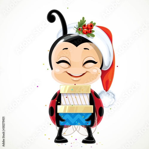 Cute happy cartoon smiling little ladybug in Santa hat holding gifts in festive packaging isolated on a white background