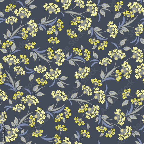 Vector floral seamless pattern. Abstract background with simple small yellow flowers, blue leaves, branches. Liberty style wallpapers. Elegant ditsy texture. Subtle ornament. Repeat decorative design 